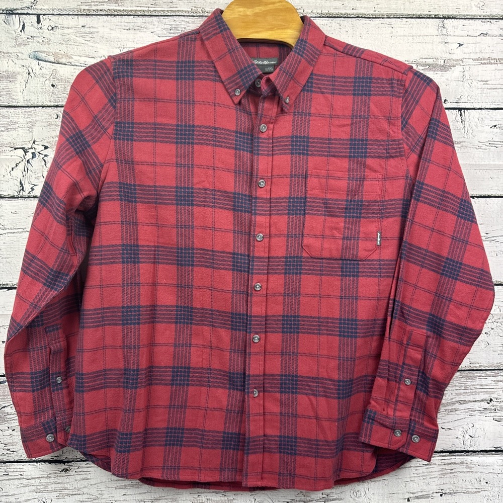 Eddie Bauer Shirt Men's Red‎ Blue Plaid Button Up Flannel Oxford [Size XXL]